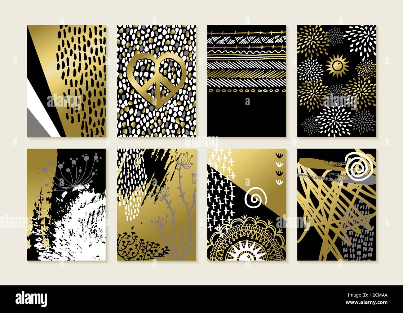 Set of abstract boho art style card designs in gold color with hand drawn illustrations and grunge decoration. EPS10 vector. Stock Vector