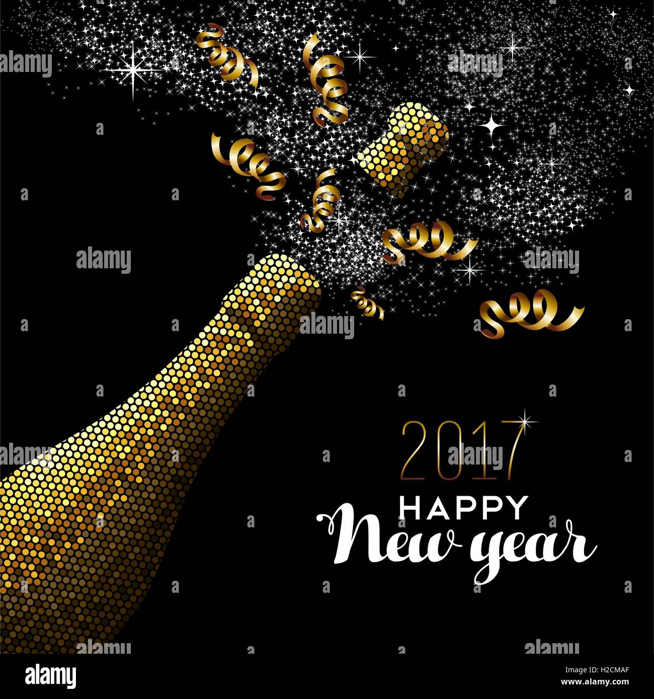 Happy new year 2017 gold champagne bottle celebration in mosaic style. Ideal for holiday card or elegant party invitation. EPS10 Stock Vector