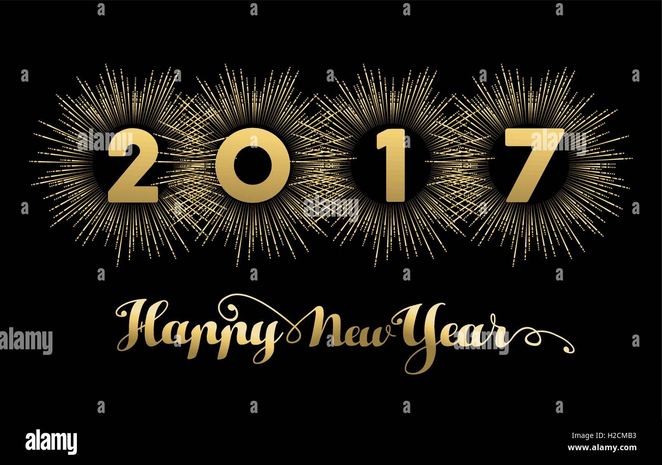Happy New Year 2017 gold background with text quote and firework explosion. Luxury holiday greeting card design or cover banner. Stock Vector