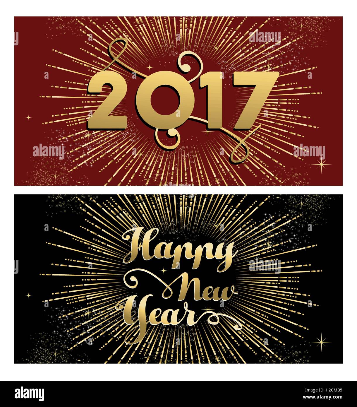 Happy New Year 2017, set of gold designs with firework explosion illustration. Ideal for holiday greeting card or poster. EPS10 Stock Vector