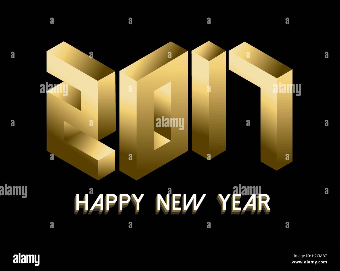 Happy New Year 2017 gold luxury greeting card design with geometric isometric text. EPS10 vector. Stock Vector