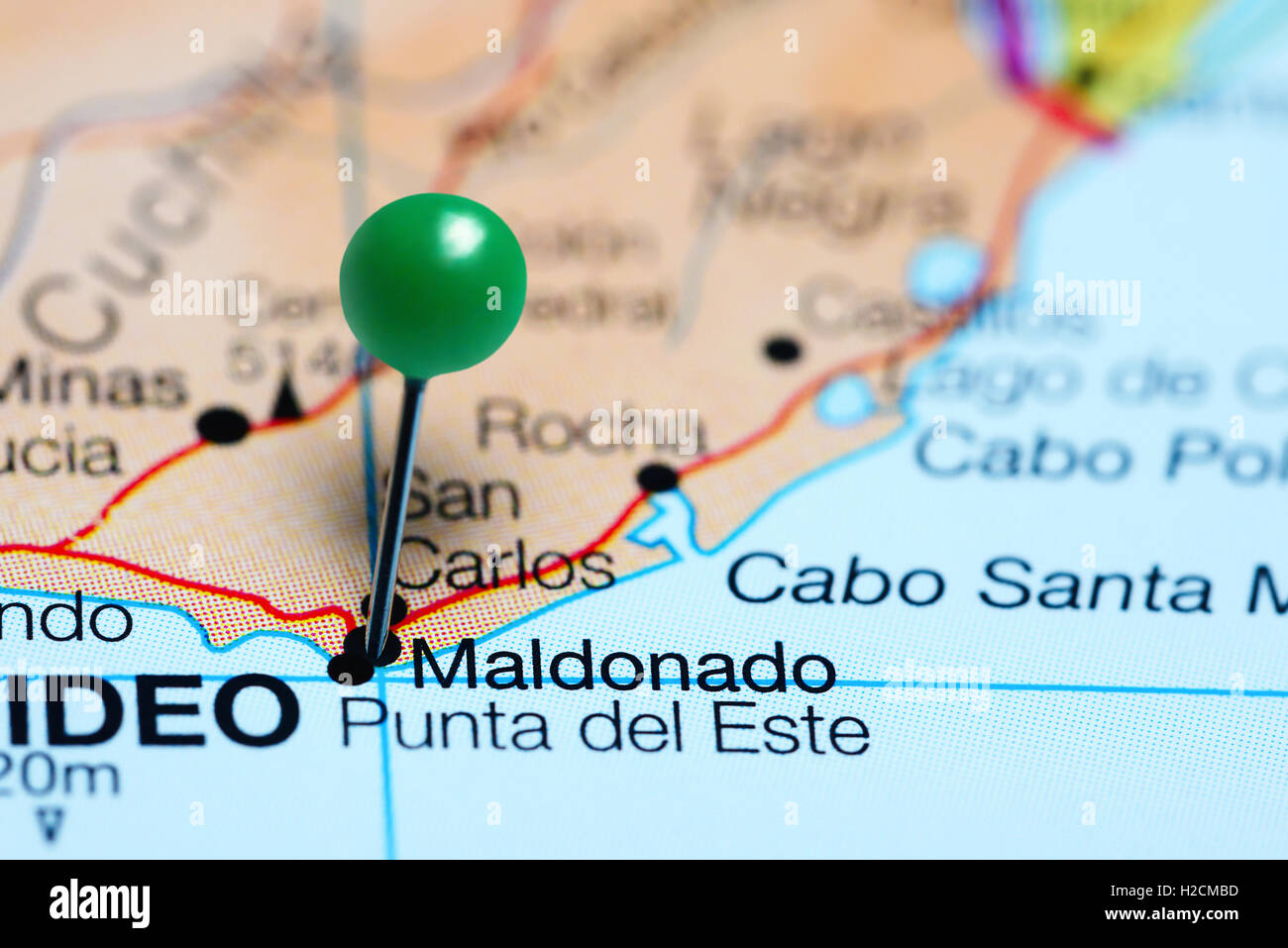 Maldonado pinned on a map of Uruguay Stock Photo