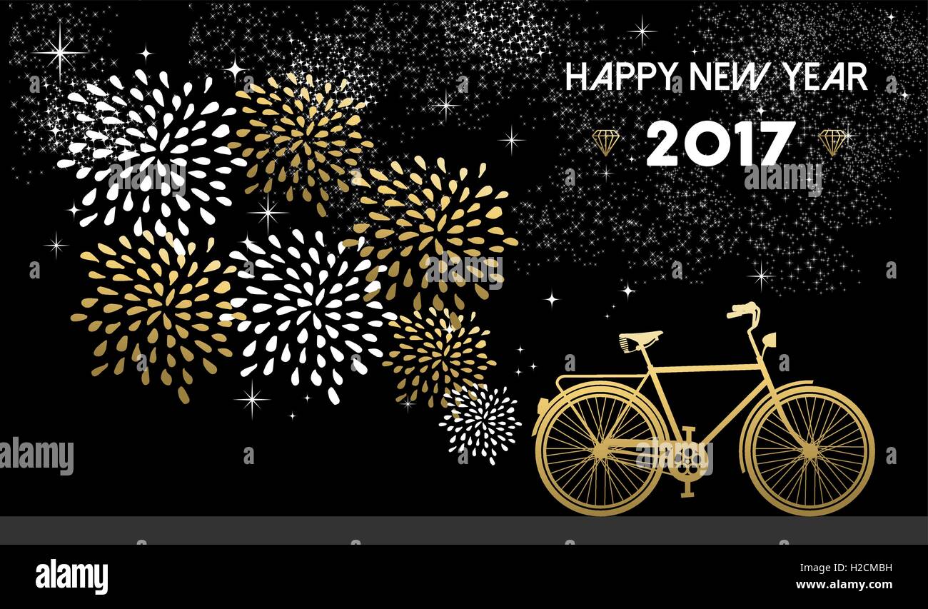 Happy New Year 2017, gold card design with bike and fireworks in night sky background. EPS10 vector. Stock Vector