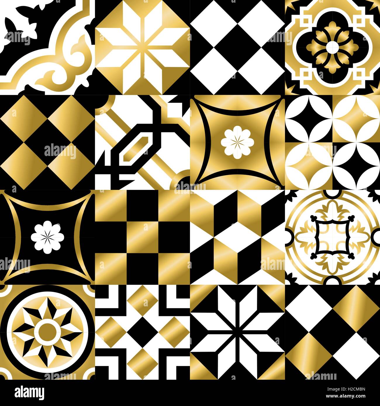 Gold vintage patchwork seamless pattern with traditional tile decoration, classic mosaic style. EPS10 vector. Stock Vector