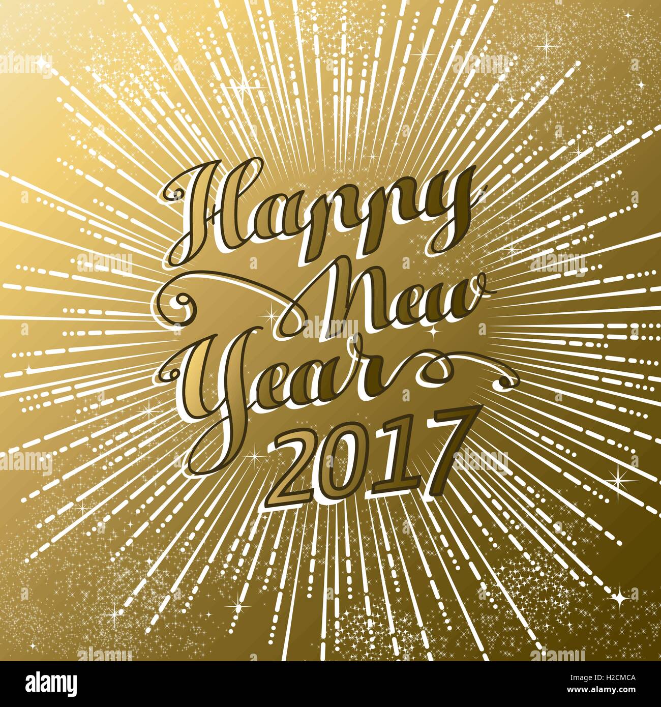 Happy New Year 2017 gold background with text quote and firework explosion. Luxury holiday greeting card design. EPS10 vector. Stock Vector