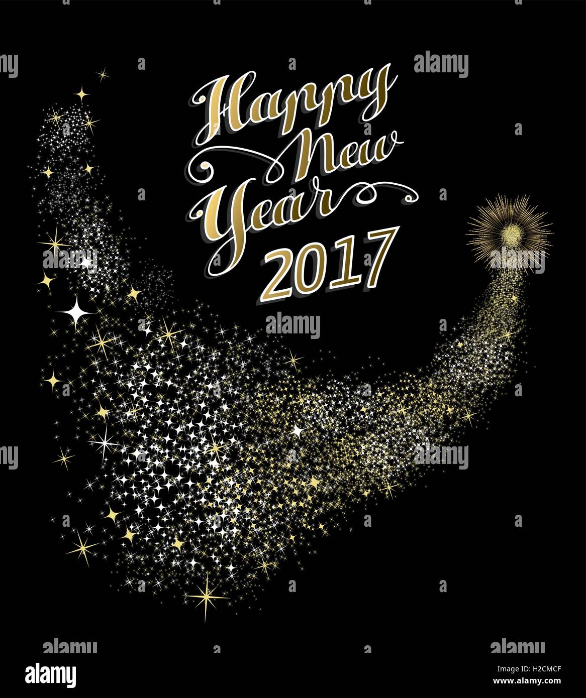 Happy New Year 2017 gold design with firework explosion illustration. Ideal for holiday greeting card or poster. EPS10 vector. Stock Vector