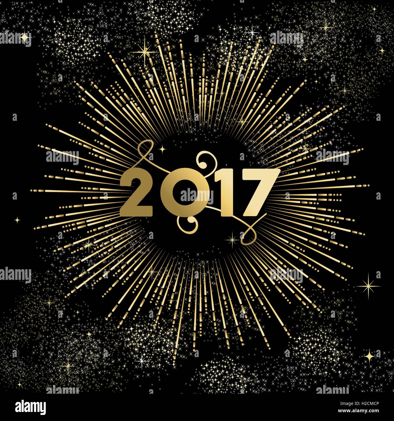 Happy New Year 2017 gold design with firework explosion illustration. Ideal for holiday greeting card or poster. EPS10 vector. Stock Vector