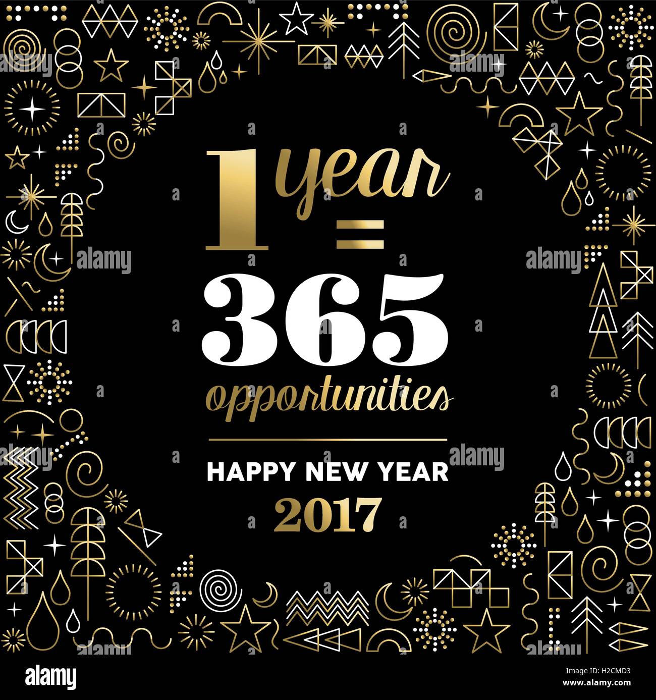 Happy new year 2017 gold design with motivational text quote for inspiration and line art icons background. EPS10 vector. Stock Vector