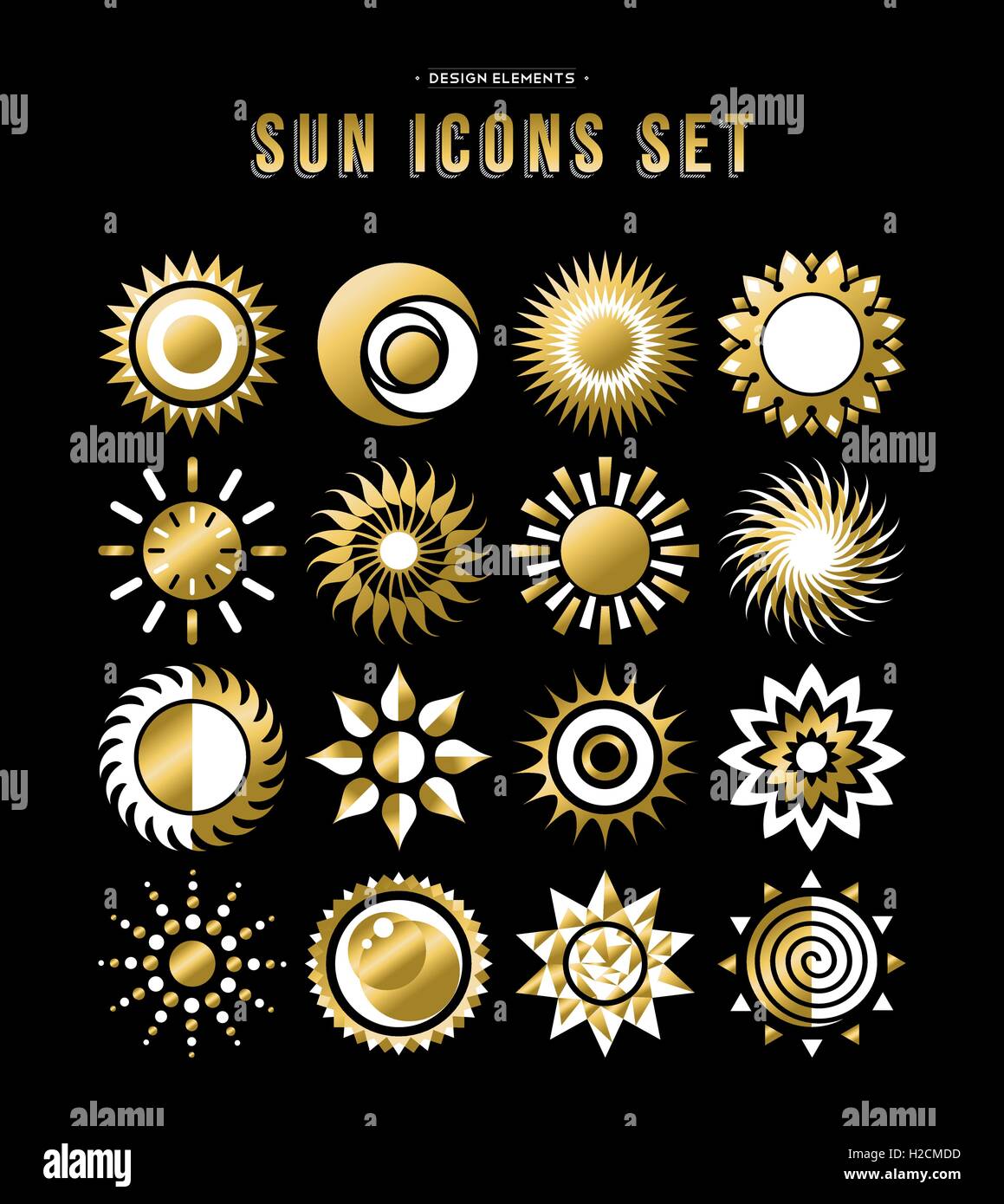 Set of sun icon illustrations, abstract gold designs in flat art for weather or climate project. EPS10 vector. Stock Vector