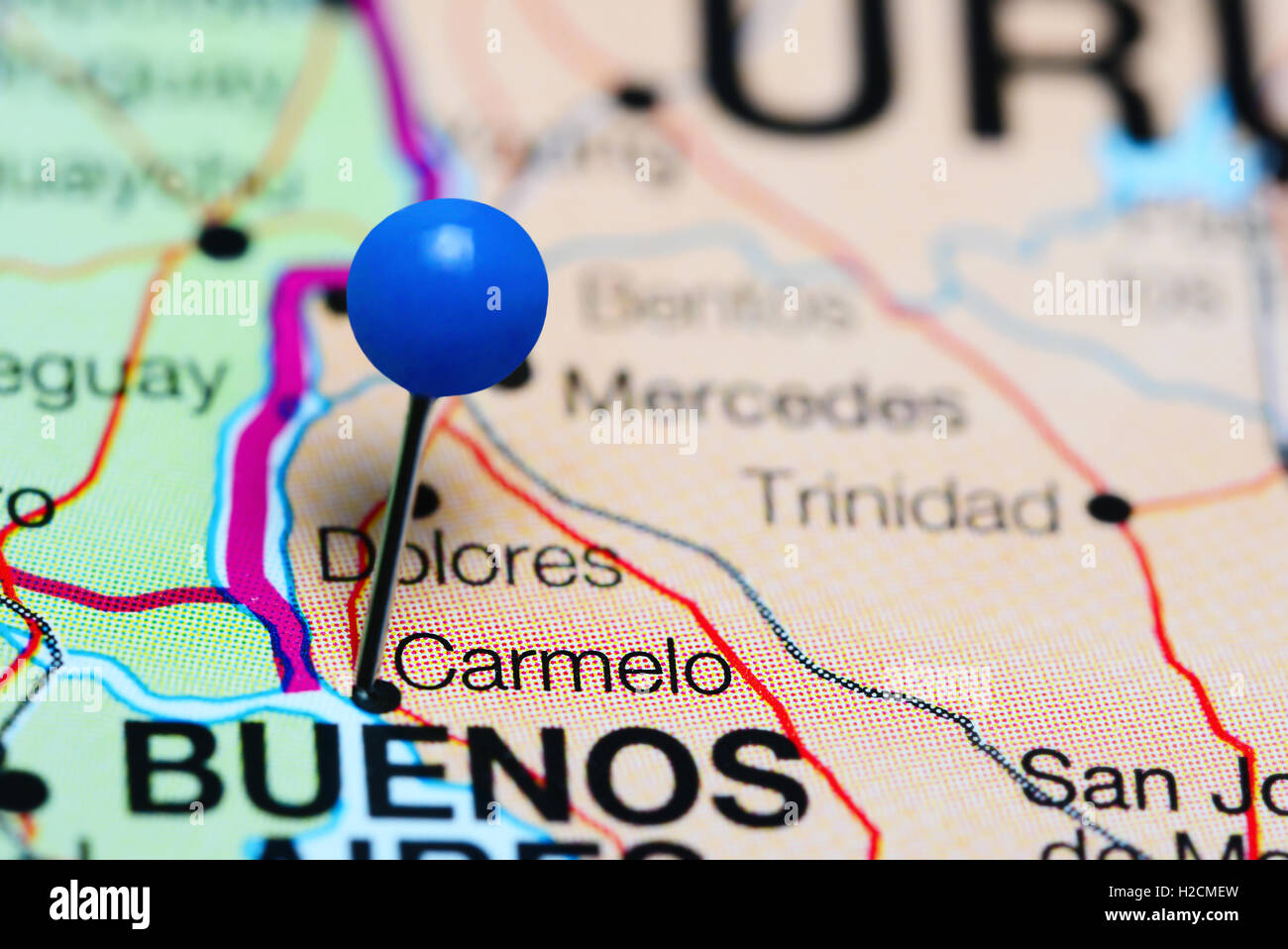 Carmelo pinned on a map of Uruguay Stock Photo