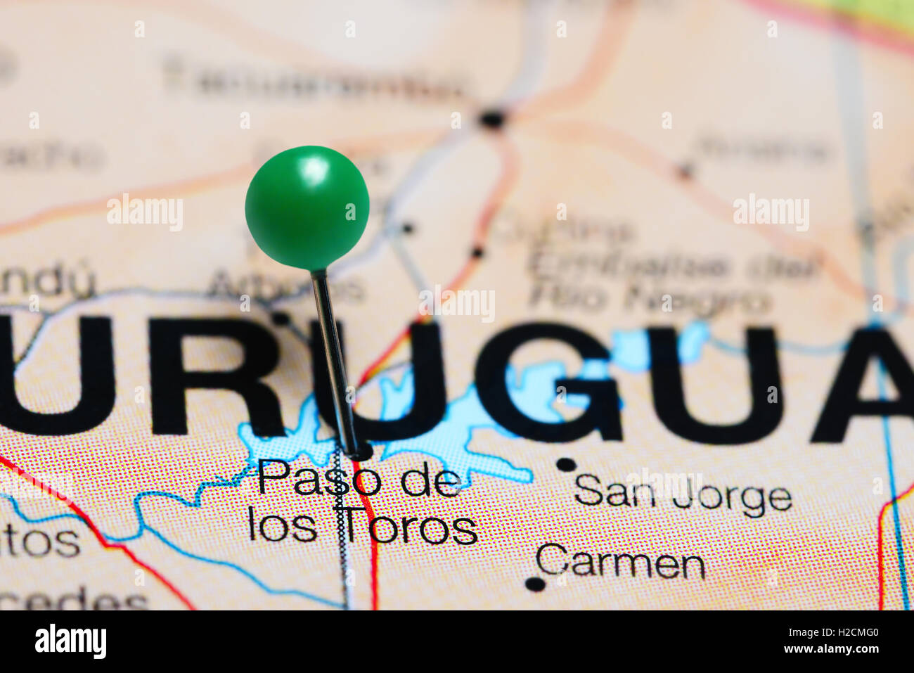 Paso de los Toros pinned on a map of Uruguay Stock Photo