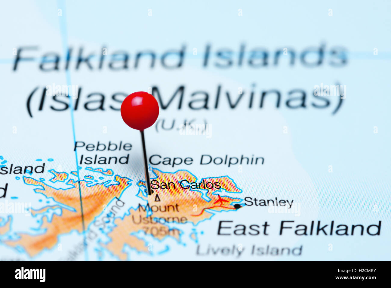 San Carlos pinned on a map of Falkland Islands Stock Photo