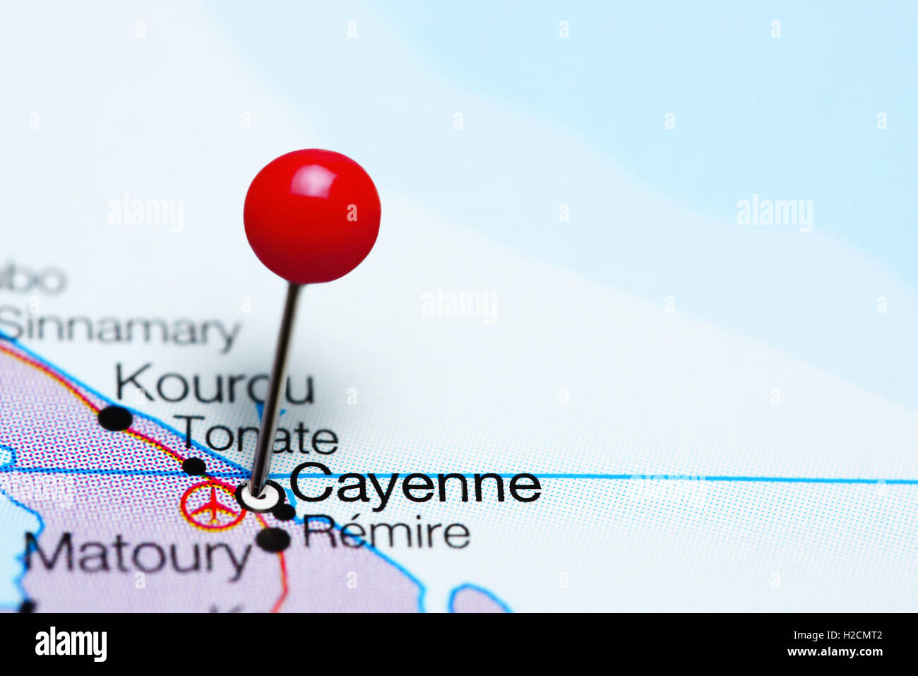 Cayenne pinned on a map of French Guiana Stock Photo