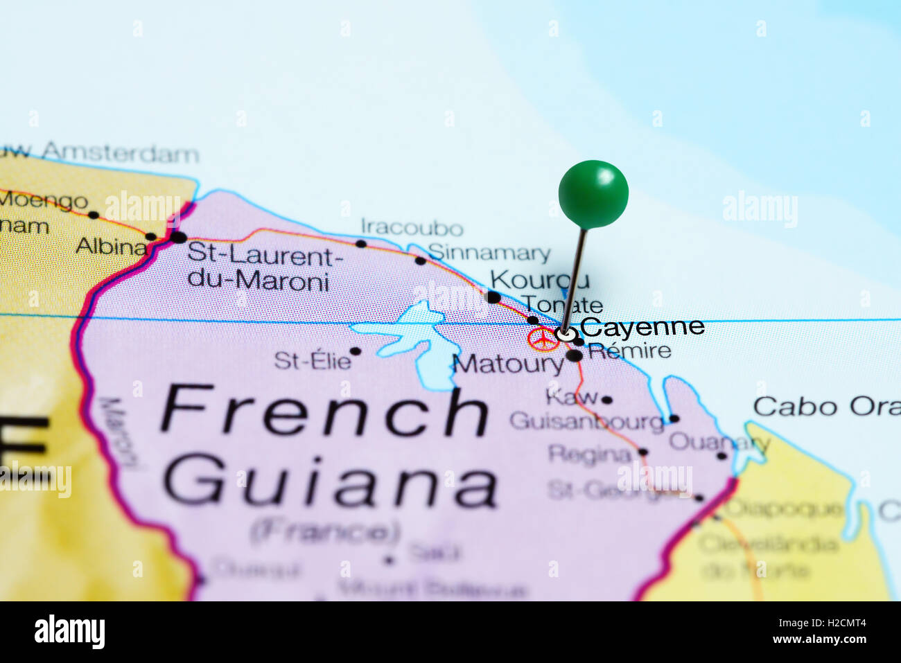 Cayenne pinned on a map of French Guiana Stock Photo Alamy
