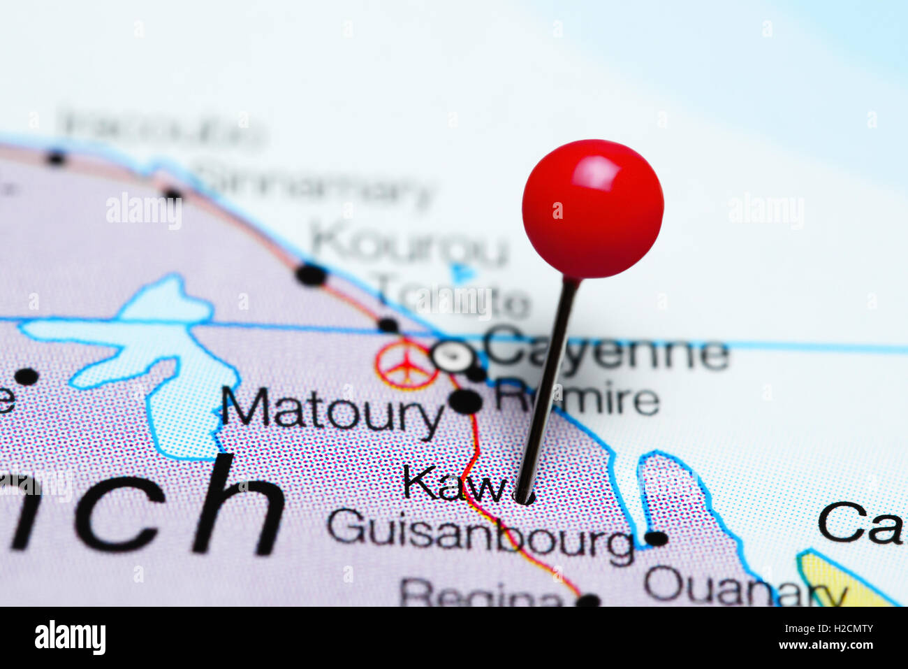 Kaw pinned on a map of French Guiana Stock Photo