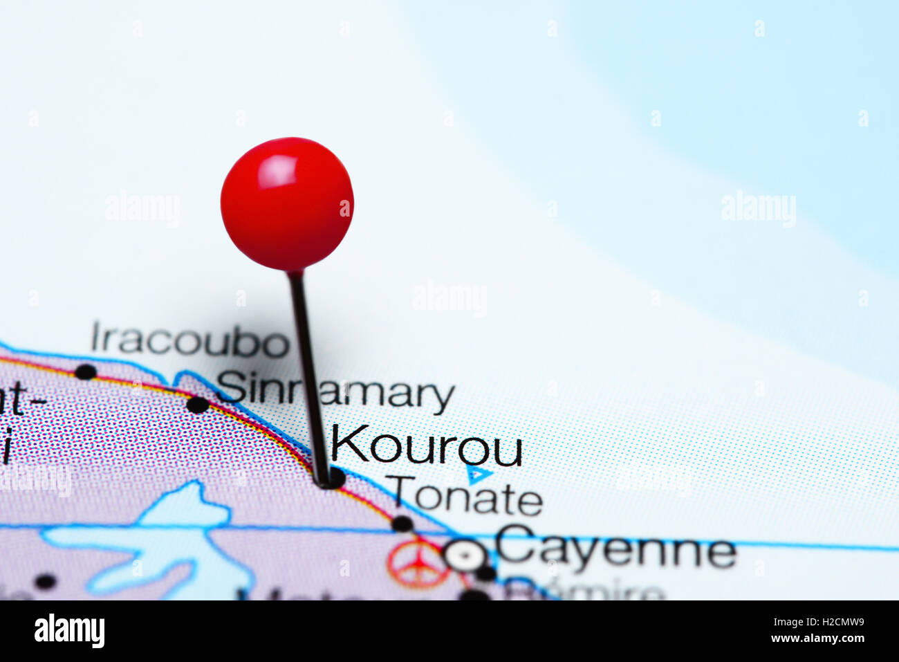 Kourou pinned on a map of French Guiana Stock Photo