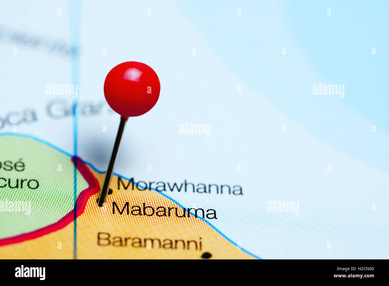 Mabaruma pinned on a map of Guyana Stock Photo