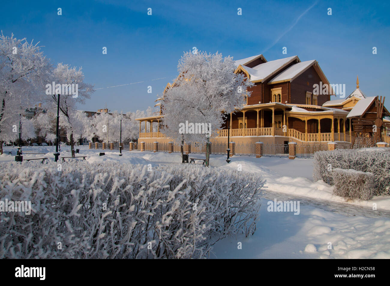 Traditional Russian house in the "National village" alley in Orenburg ...