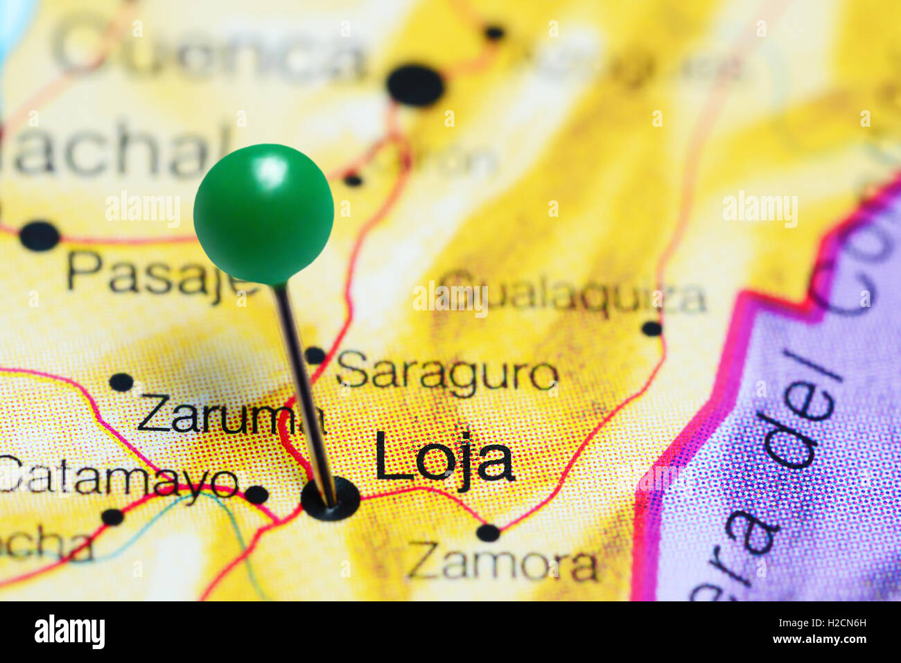 Loja pinned on a map of Ecuador Stock Photo