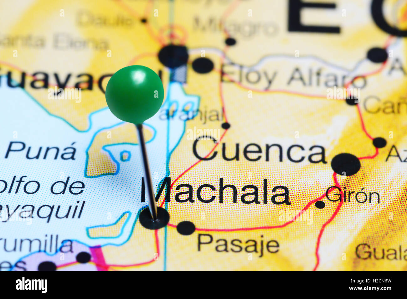Machala pinned on a map of Ecuador Stock Photo