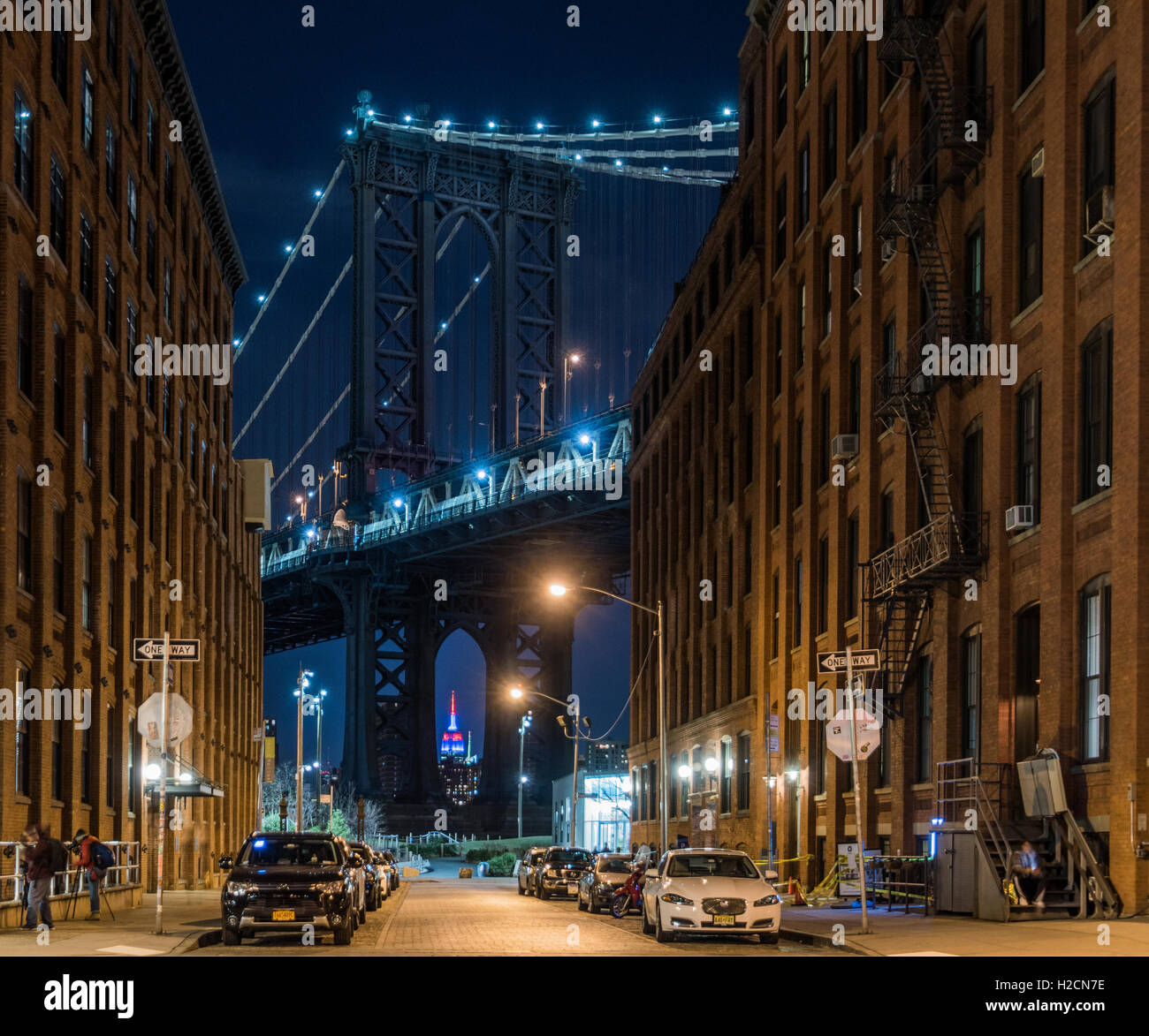 A Street View Of The Manhattan Bridge And The Empire State Building Stock Photo Alamy