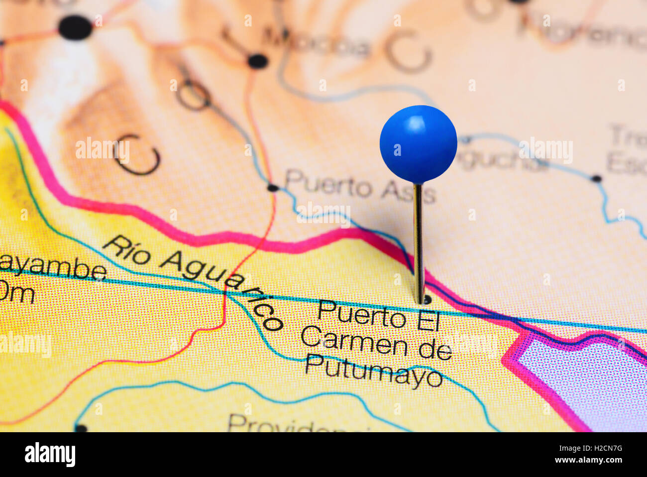 Puerto El Carmen de Putumayo pinned on a map of Ecuador Stock Photo