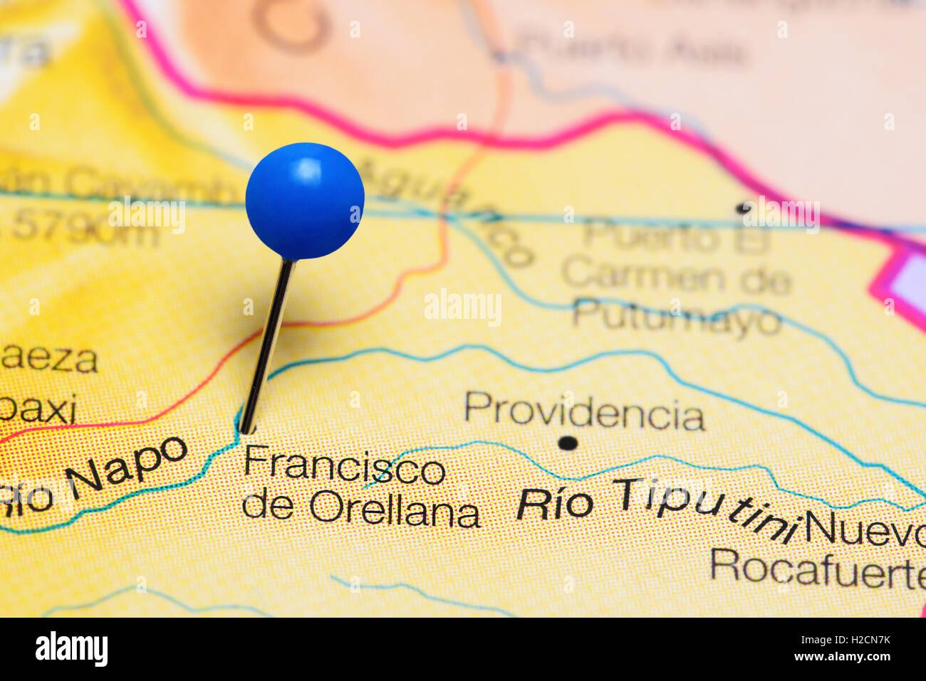Francisco de Orellana pinned on a map of Ecuador Stock Photo