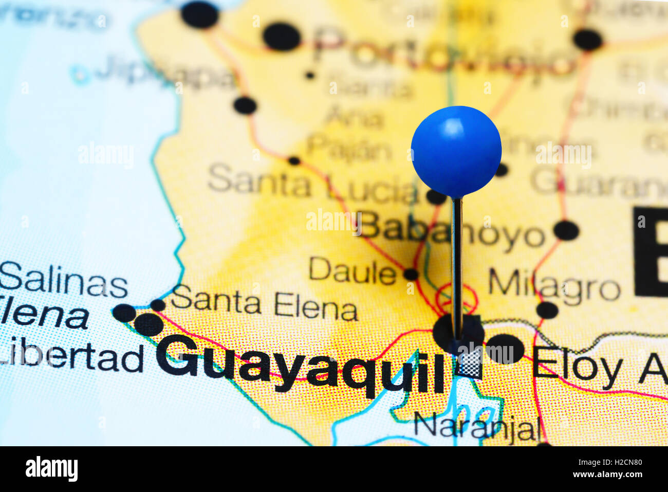 Guayaquil pinned on a map of Ecuador Stock Photo