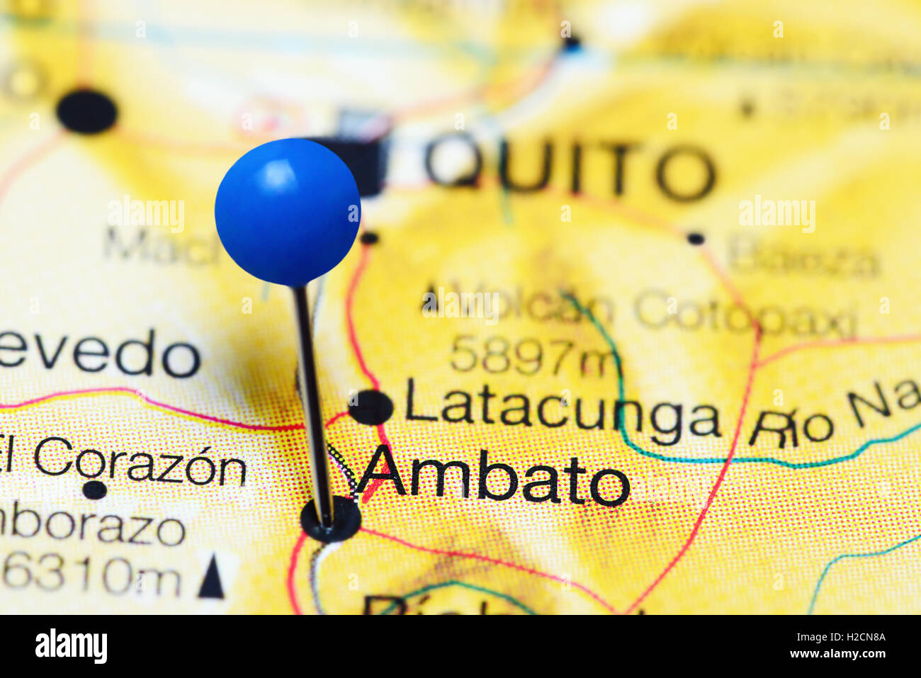 Ambato pinned on a map of Ecuador Stock Photo