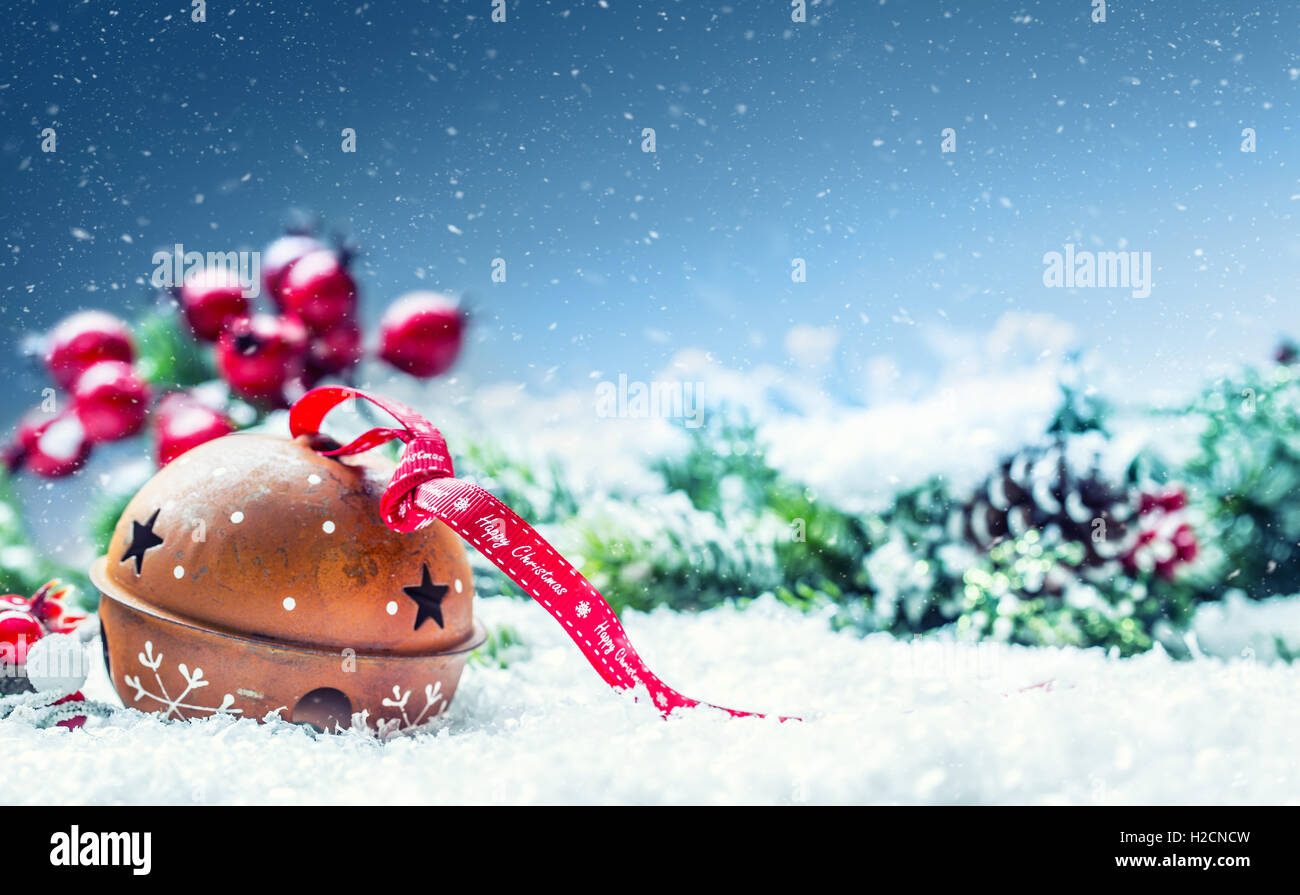 Christmas balls jingle bells. Red ribbon with text Happy Christmas ...