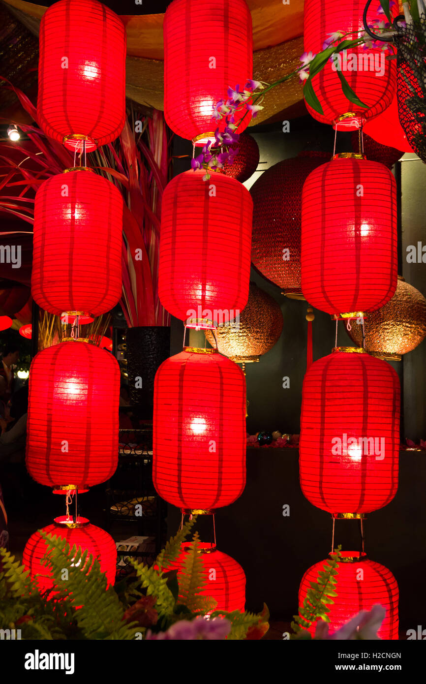 Chinese red lanterns hanging at night Stock Photo Alamy