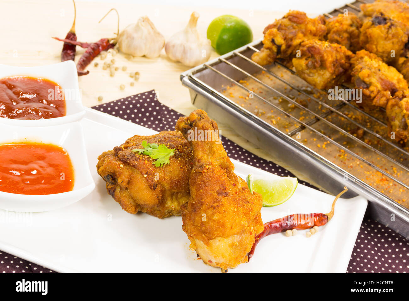 fried crispy chicken on the dish and tray Stock Photo