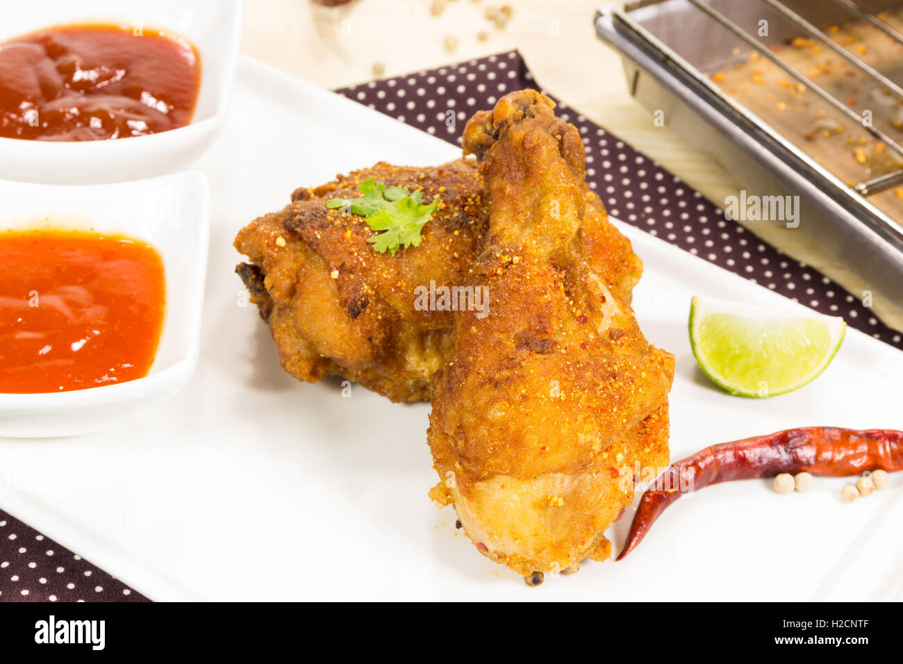 fried crispy chicken on the dish and tray Stock Photo