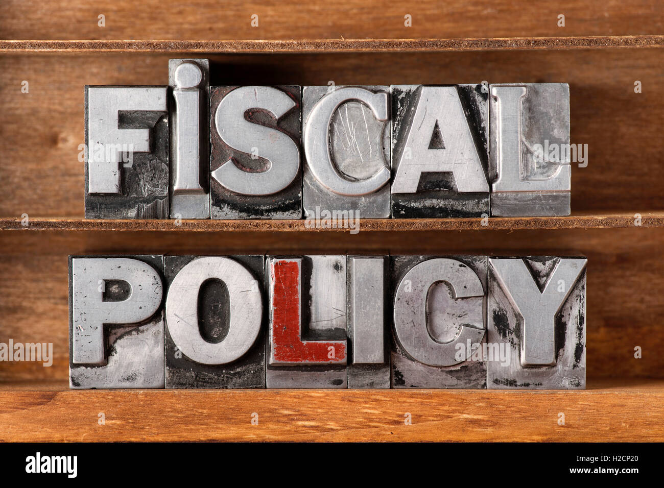 fiscal policy phrase made from metallic letterpress type on wooden tray Stock Photo