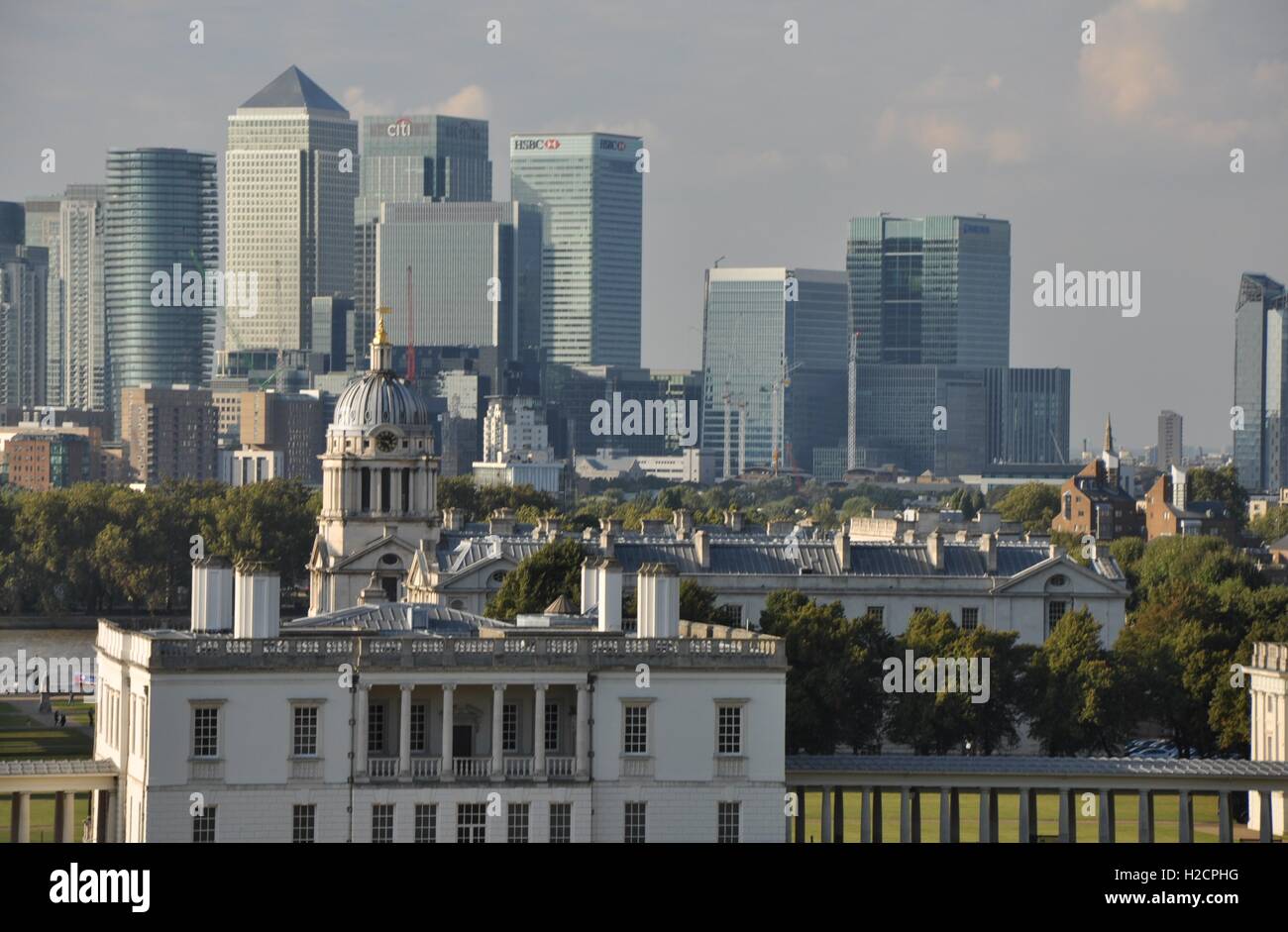 Photograph depicting Classical and Modern Architecture situated along River Thames, as seen from Old Royal Observatory Greenwich Stock Photo