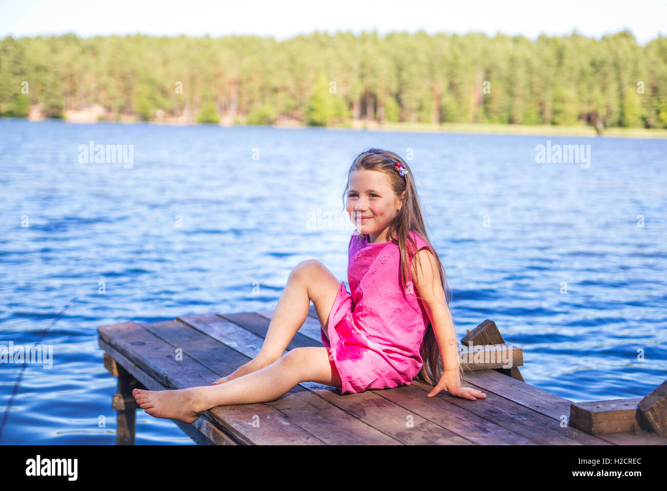 little girl drawing outdoors nature rest forest Stock Photo