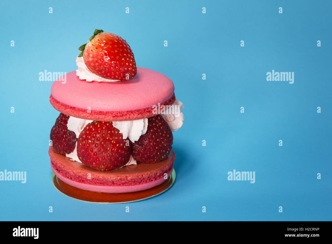 close up strawberry macaroon on blue background Stock Photo