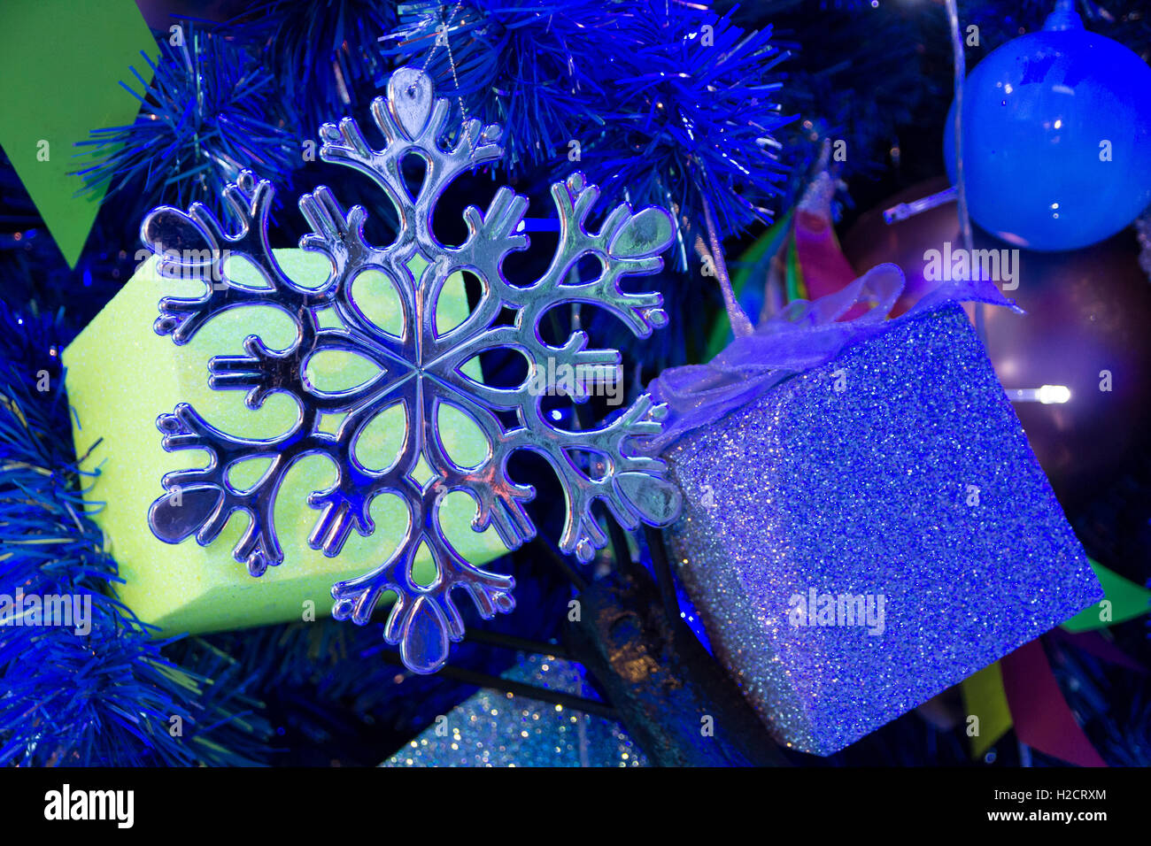 close up christmas tree in blue light Stock Photo - Alamy