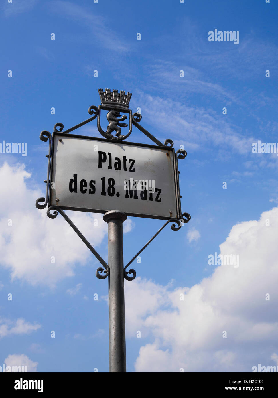 Ornate sign for Platz. des 18. Marz near the Brandenburg Gate Berlin Germany Stock Photo
