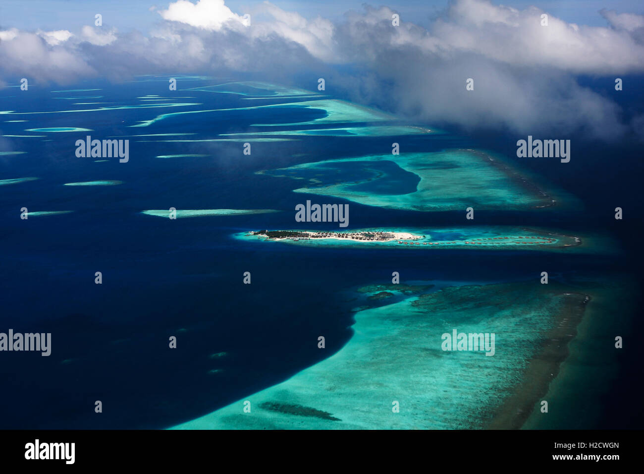An aerial view of an atoll in Maldives Stock Photo
