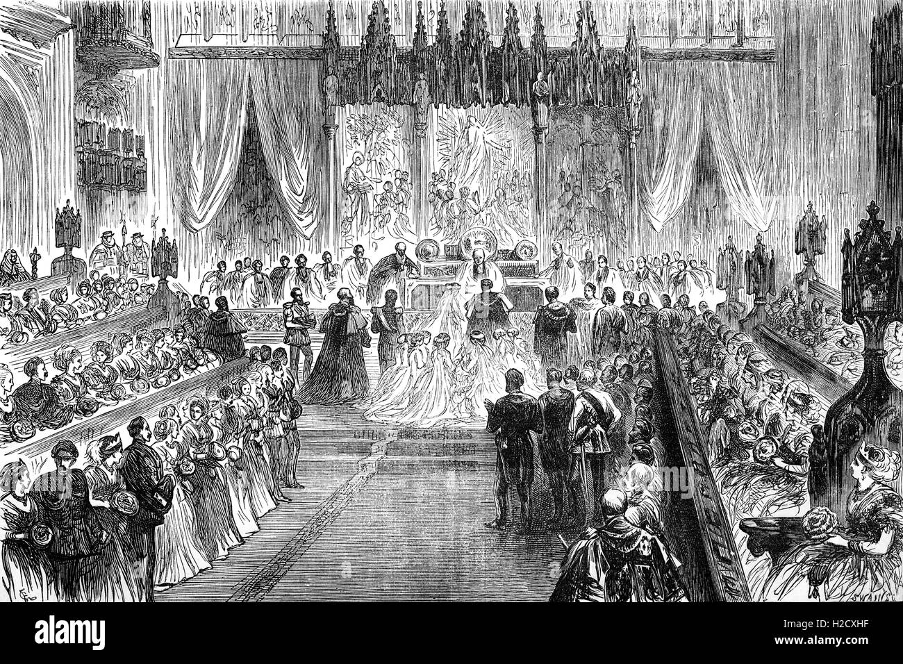 The wedding at St George's Chapel, Windsor Castle, of the Prince of Wales (1841 – 1910), who became King Edward VII,  to Alexandra of Denmark (1844 – 2925), Princess of Wales and later Queen Consort, on 10 March 1863. Stock Photo