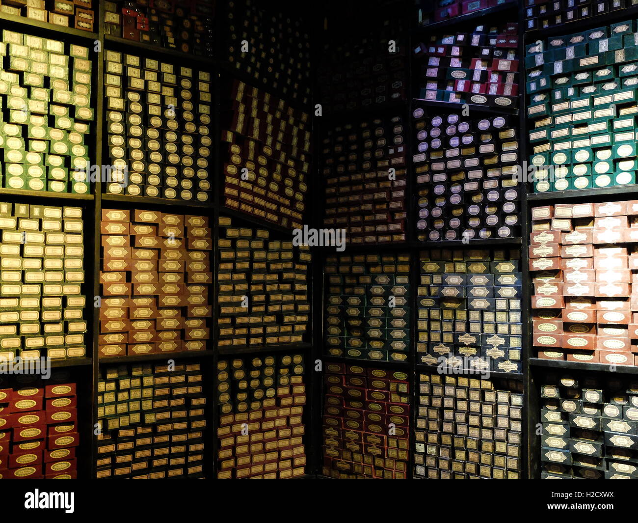 The Making of Harry Potter Warner Bros studio Tour, London. Wand boxes Stock Photo
