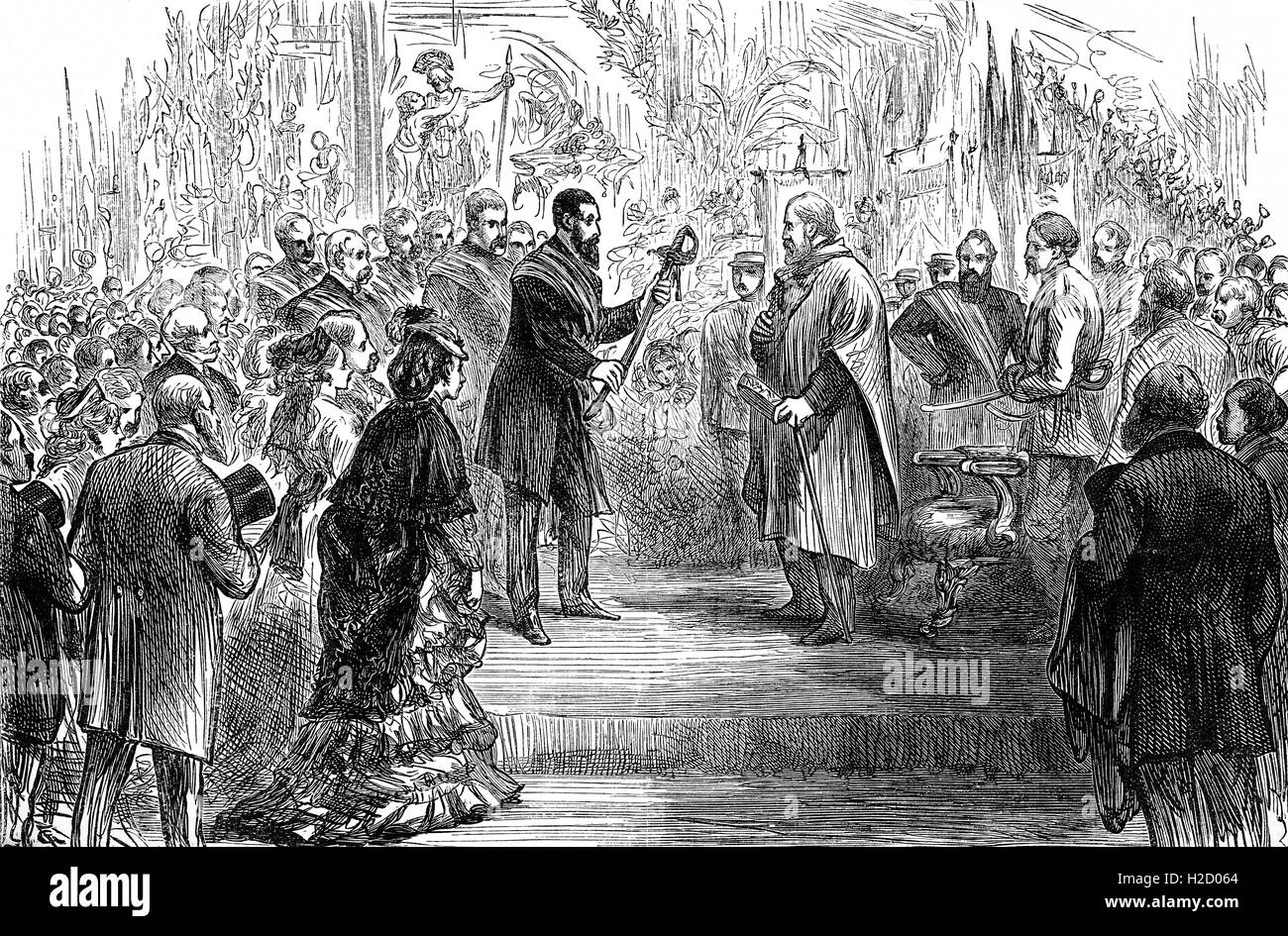 The presentation of a sword to Guiseppe Garibalsi at the Crystal Palace. In April 1864, Garibaldi visited England as the guest of the Duke of Sutherland and Mr Seely, M.P., and received a tumultuous welcome from all classes of the English population as well as from the numerous Italian working people and exiled patriots for whom he was the heroic symbol of the new Italy. Stock Photo