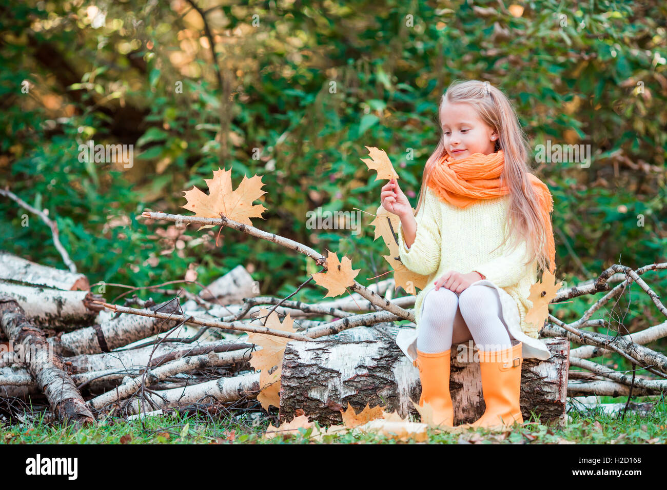 Little girl playing with leaves in autumn park outdoors Stock Photo - Alamy