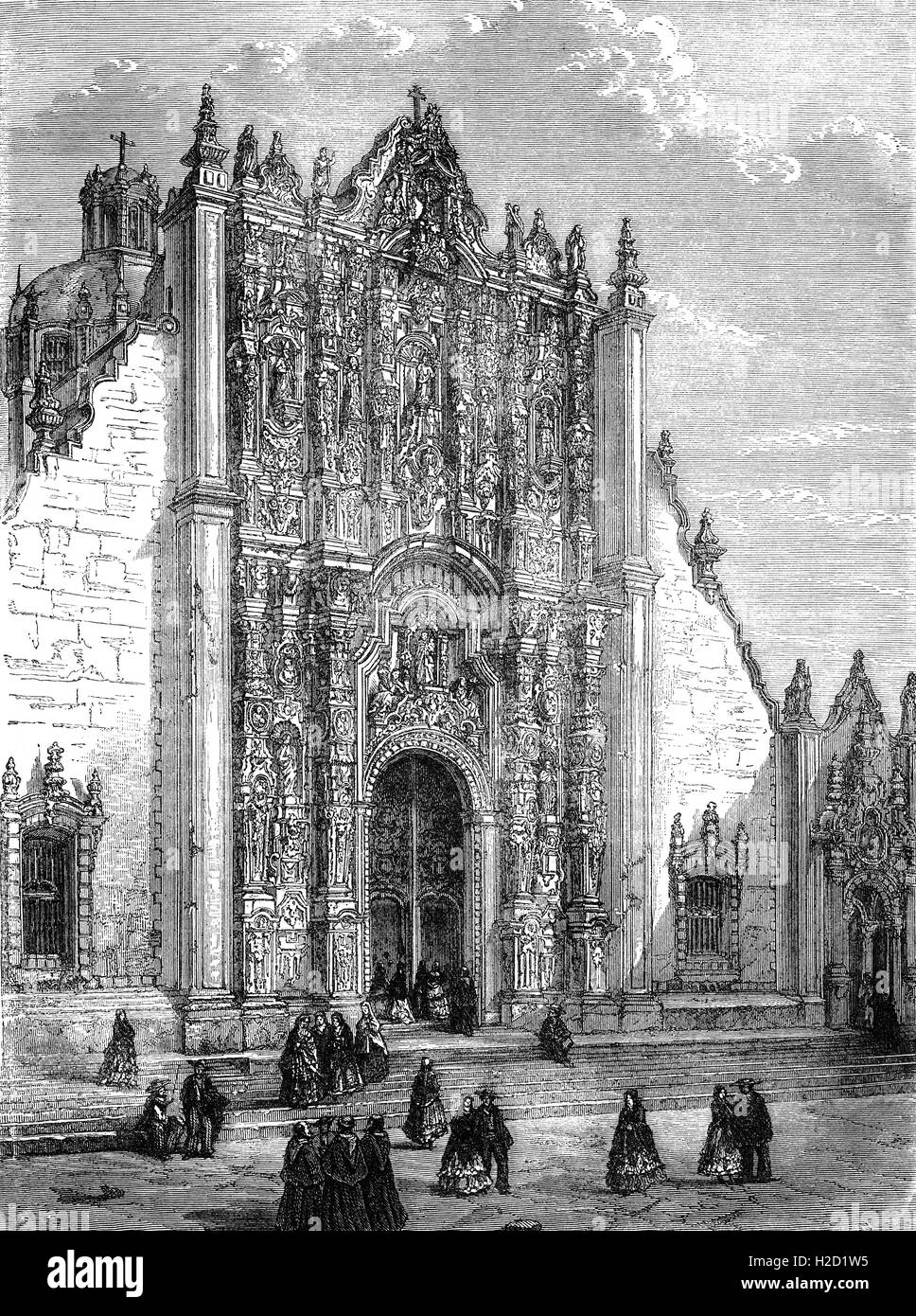 19th Century view of the Metropolitan Cathedral of the Assumption of the Most Blessed Virgin Mary into Heaven  is the largest cathedral in the Americas and seat of the Roman Catholic Archdiocese of Mexico. Stock Photo