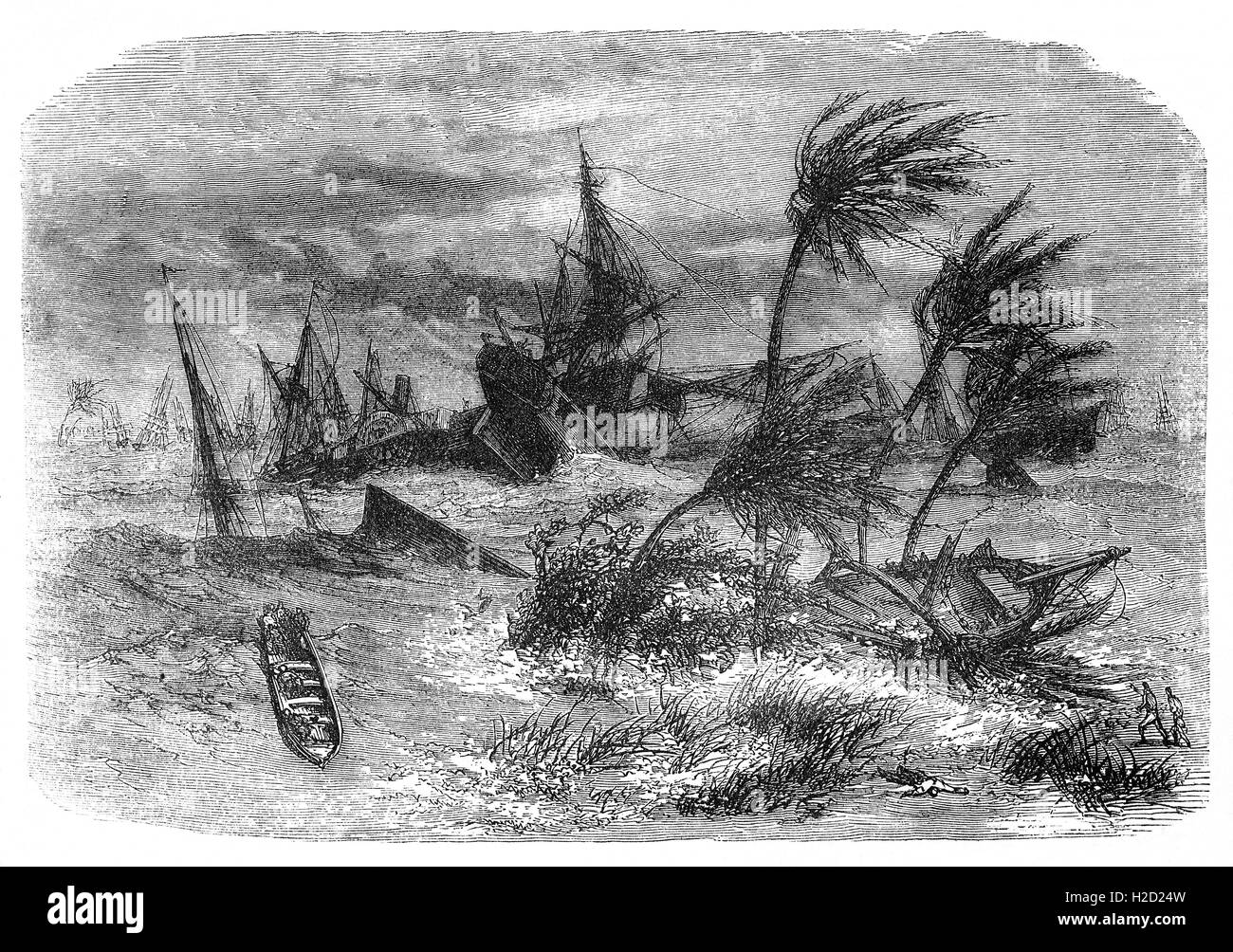 On October 5, 1864,  a powerful cyclone hit near Calcutta, India, killing around 60,000 people.  Over 100 brick homes and tens of thousands of tiled and straw huts were leveled. Of the ships in the harbour, 172 out of 195, were either damaged or destroyed. Stock Photo