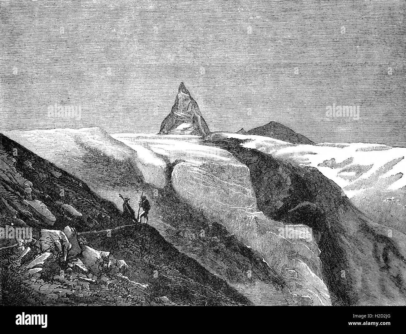 19th Century sketch of mountain guides viewing the  Matterhorn,  a mountain of the Alps, straddling the main watershed and border between Switzerland and Italy. It is a huge and near-symmetrical pyramidal peak in the extended Monte Rosa area of the Pennine Alps, whose summit is 4,478 metres (14,692 ft) high, making it one of the highest summits in the Alps and Europe. Stock Photo