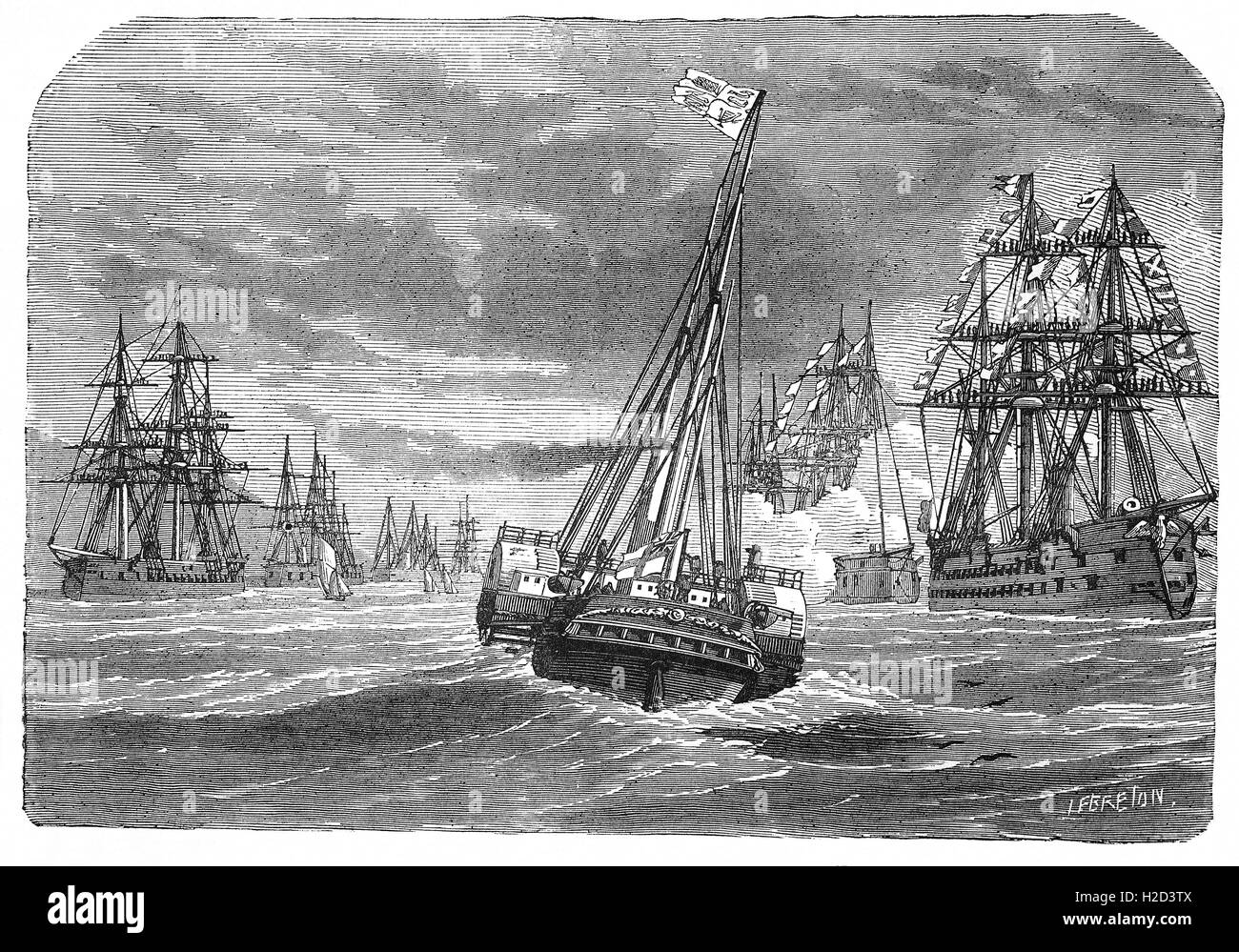 A meeting of French and English Ironclads in 1865. Ironclads were steam-propelled warship protected by iron or steel armor plates used in the early part of the second half of the 19th century and  developed as a result of the vulnerability of wooden warships to explosive or incendiary shells. Stock Photo