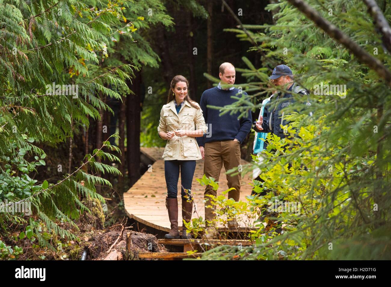 The Duke and Duchess of Cambridge walk through the Great Bear Rainforest in Bella Bella, Canada, during the third day of the Royal Tour to Canada. Stock Photo