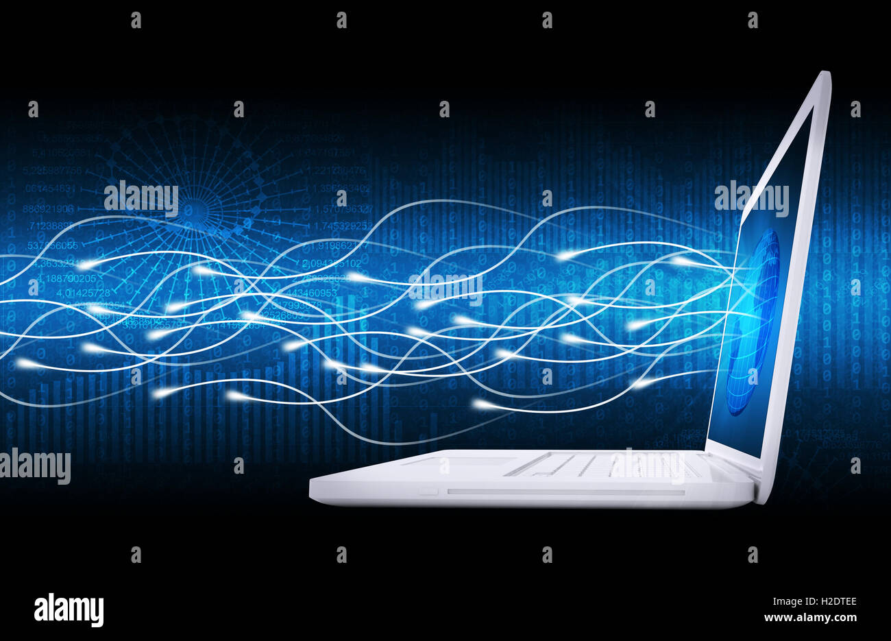 Laptop, globe and glow rays Stock Photo Alamy